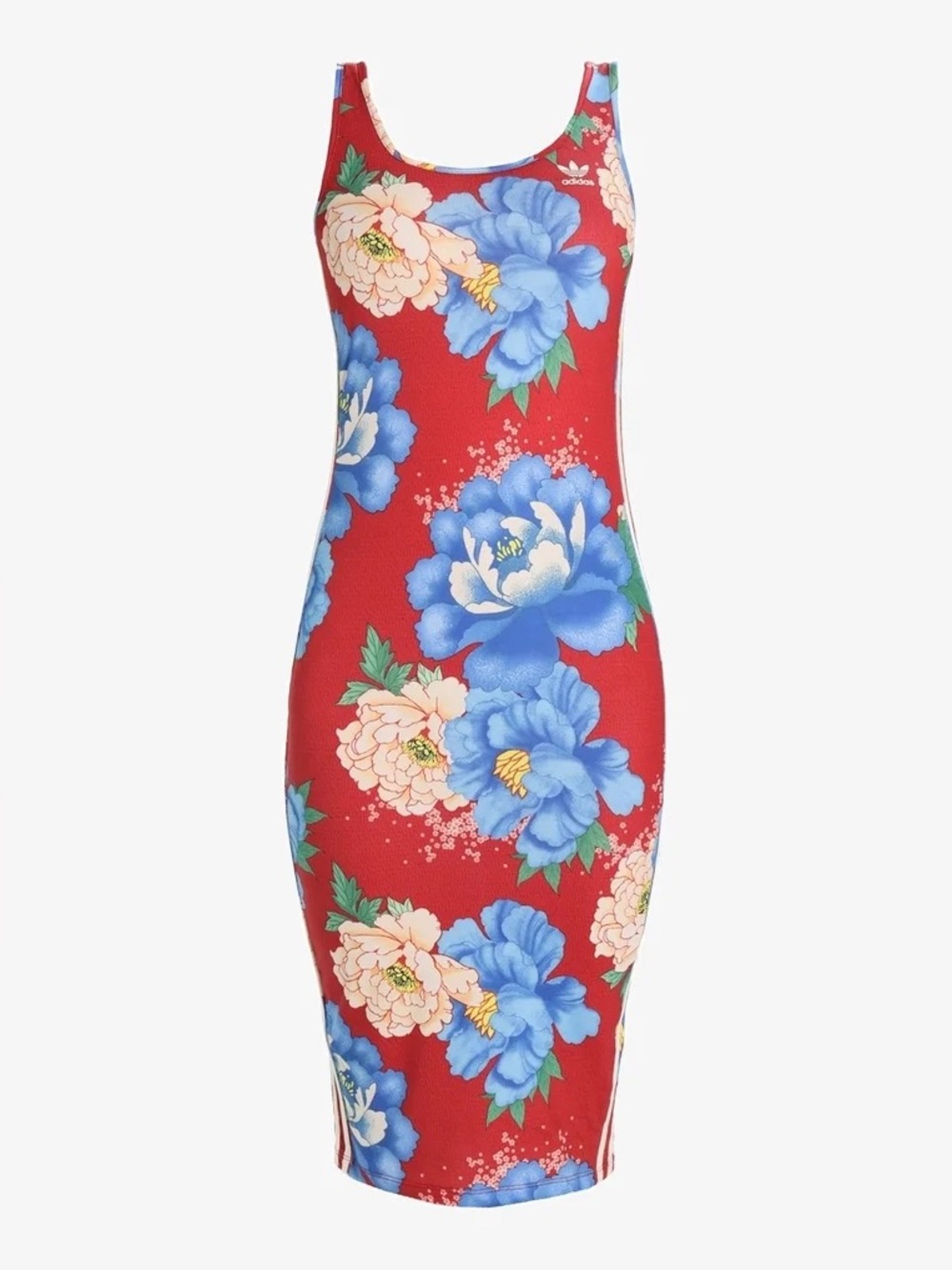 Adidas Red Floral Bodycon Dress with Blue Blooms
